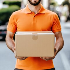 A man in an orange shirt holding a cardboard box on a city street.