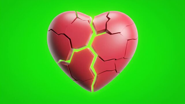 A 3D rendered red heart with glowing green cracks on a vibrant green screen background, symbolizing damage or healing.