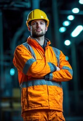 A male construction worker in an orange safety jacket and yellow hard hat, standing in a dimly lit industrial setting with bright lights in the background.