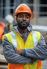 A construction worker wearing a hard hat and safety vest, standing confidently with arms crossed, in front of a construction site.