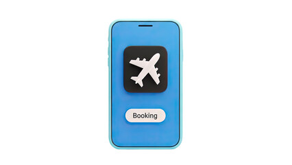 3D Smartphone with airplane icon and booking button on transparent background
