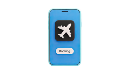 3D Smartphone with airplane icon and booking button on transparent background