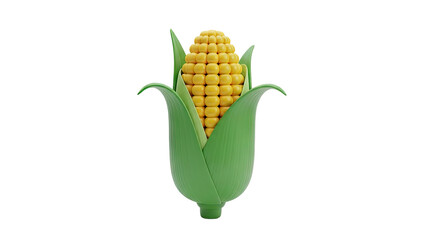 3D Stylized 3D Corn Cob with Green Leaves on transparent background