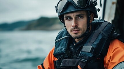A man in a helmet and life jacket, standing on a boat, looking out at the ocean.