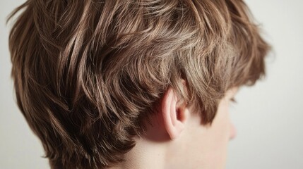 A close-up of a young man's back, showing his hair and ear, with a neutral background.