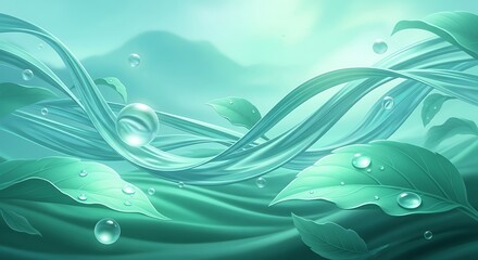Abstract illustration of flowing water and leaves in shades of teal and green