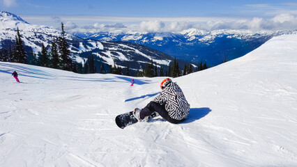 Ready to snowboard the Easy Out at Blackcomb mountain, Whistler, BC, Canada.