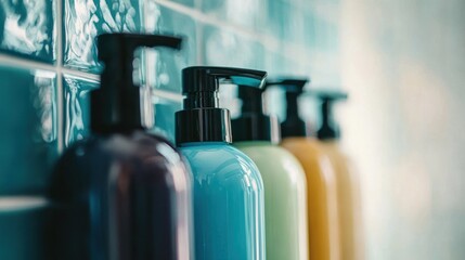 A row of colorful shampoo bottles against a tiled wall, with a blue and green color scheme.