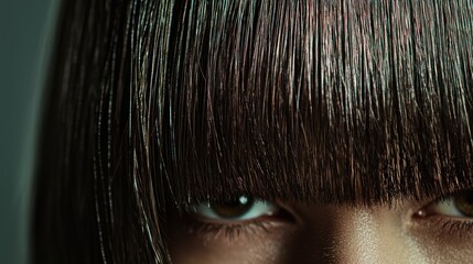 Close-up of a woman's face with shiny, dark brown hair, wearing a black top and dark pants, set against a dark background.