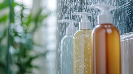 Three bottles of shampoo and conditioner, with a green plant in the background, under a shower head with water droplets.