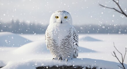 Majestic snowy owl perches in a serene winter landscape during a gentle snowfall
