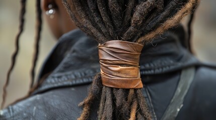 A person with dreadlocks and a leather headband, wearing a black leather jacket, standing outdoors with a backpack on their back.