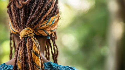 A person with dreadlocks wearing a colorful headscarf, standing in a natural outdoor setting with trees in the background.