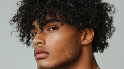 A man with curly hair, wearing a gold chain, stands against a plain background.