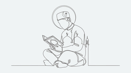 Muslim man reading Quran, traditional Islamic attire, one line art, mosque background