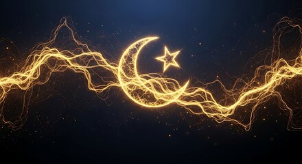 Abstract illustration of glowing crescent moon and star against a dark background