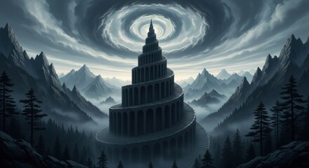 Mystic ascent: A spiral architecture reaching towards swirling skies, in an alpine panorama,
