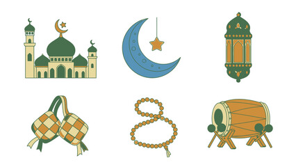Ramadan Icons Set: Mosque, Moon, Lantern, Ketupat, Prayer Beads, Drum