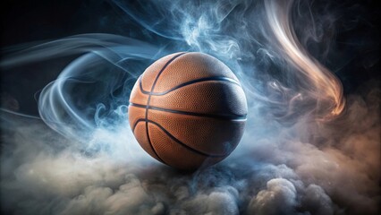 A dramatic close-up of a leather basketball engulfed in swirling smoke, a visual representation of intense competition and athletic prowess