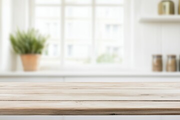 Fototapeta premium Empty light wood table top in a bright kitchen interior space, ideal for product display or backdrop