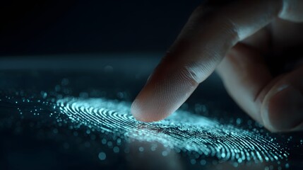 Finger pressing on a digital fingerprint scanner, highlighting the intricate patterns of the human skin, representing data security and biometric identification.