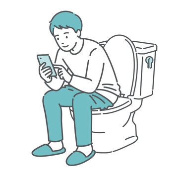 トイレでスマホを見る男性のイラスト（ながらスマホ・長居・痔の原因）