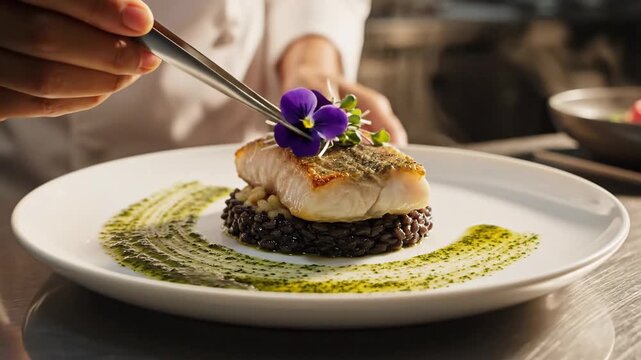 Chef plating gourmet meal on white plate indoor close up food photography