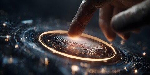 of a fingertip touching a glowing circular digital interface, activating a biometric system with lines and details, surrounded by a blurred futuristic design with a dark, elegant aesthetic.