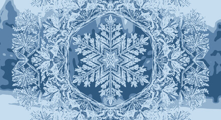 Intricate Blue Snowflake Pattern with Multiple Snowflakes in a Circular Design for Winter and