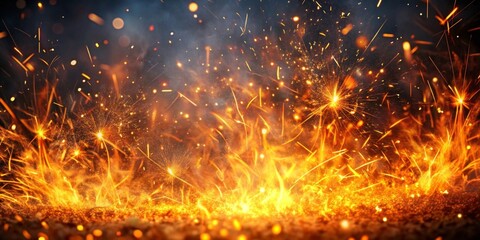 Naklejka premium Fiery explosions of light and embers dance against a dark, smoky background, creating a dazzling spectacle