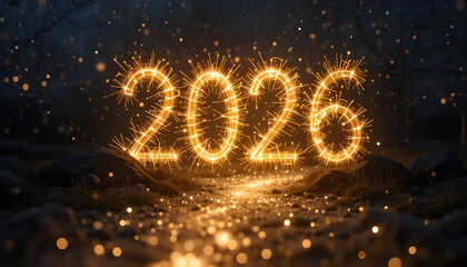 Glowing numbers with sparks on a forest floor at night new year