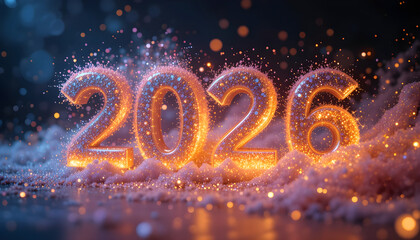 Glowing orange numbers with pink dust and bokeh new year