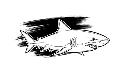 Black and White Illustration of a Shark with Sharp Teeth and a Detailed Body