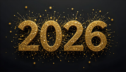 Gold glitter numbers with sparkling particles on dark background new year