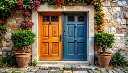 A charming facade showcasing two distinct wooden doors set within a stone-walled archway, adorned with vibrant flowers and greenery