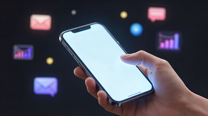 Hand holding smartphone with blank screen and colorful communication icons in background.