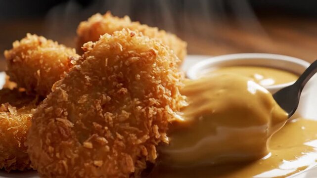 Close up of golden brown fried food with dipping sauce