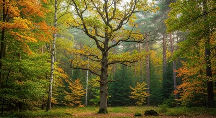Fototapeta premium Mystical autumn forest landscape with vibrant foliage and majestic tree presence