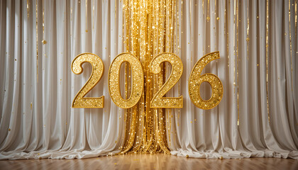 Golden numbers against a backdrop of white and gold curtains new year celebration