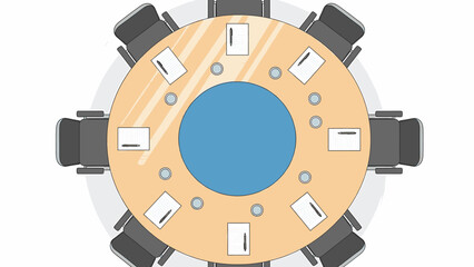 Naklejka premium Round Meeting Table With Chairs And Papers Top View - Business Meeting Room Environment