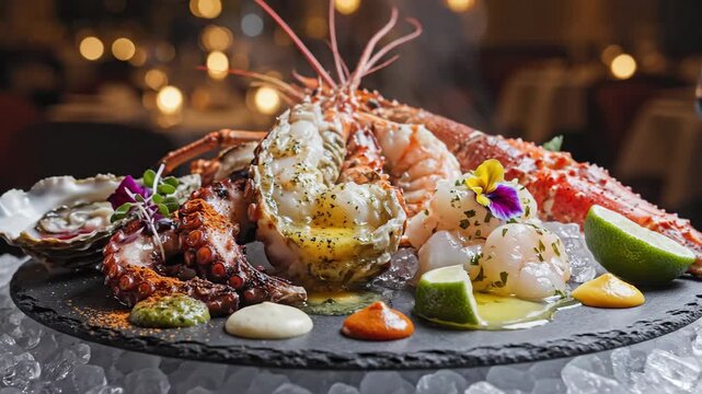 Close up of seafood platter with various shellfish and garnishes on ice