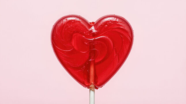 Red heart-shaped lollipop on a light pink background.