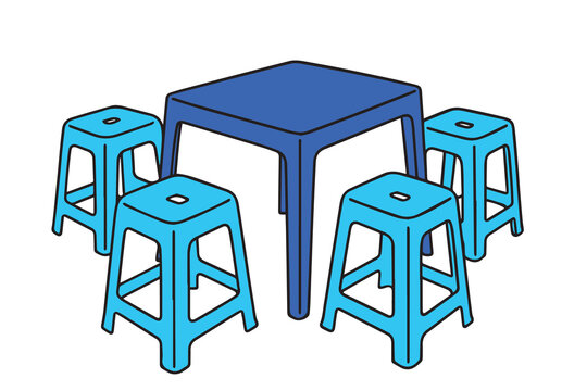 Simple vector illustration of four blue plastic chairs and a blue plastic table arranged for gathering, clean minimalist style expressing togetherness, casual meetings, and friendly social moments.