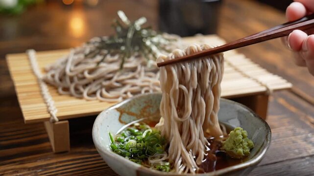 Close up of soba noodles with garnish served on a wooden tray