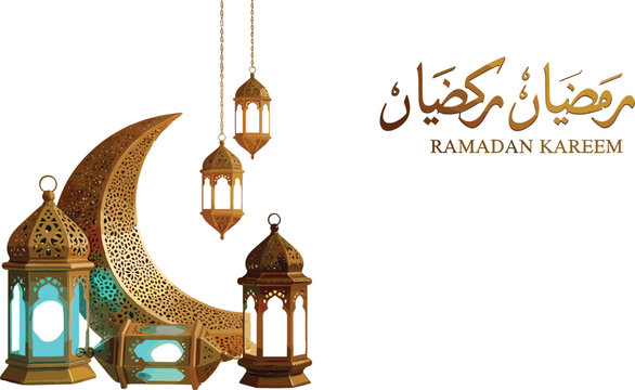 Ramadan Kareem greeting card with golden crescent moon ornate lanterns and Arabic calligraphy for Islamic holiday celebration designs.