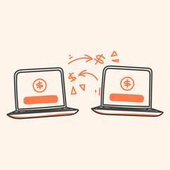 hand drawn doodle transfer money from laptop to another laptop