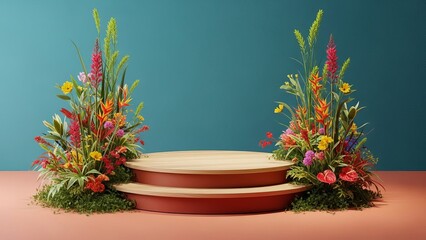 A serene floral arrangement with a two tiered platform against a soothing teal and terracotta backdrop