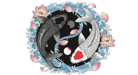 Beautiful koi fish swimming in a circular pattern surrounded by water and cherry blossoms
