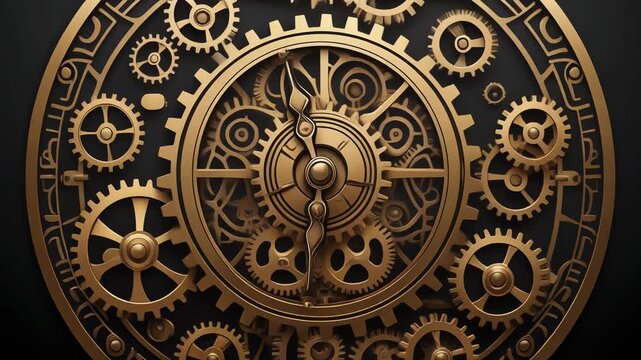 Intricate golden clockwork mechanism with interlocking gears.