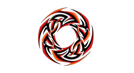Dynamic tribal circle design featuring red black white sharp intricate patterns promising energy